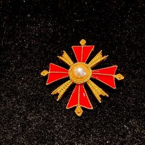 Vintage St John pin. Gold Maltese cross with red enamel and Pearl center.